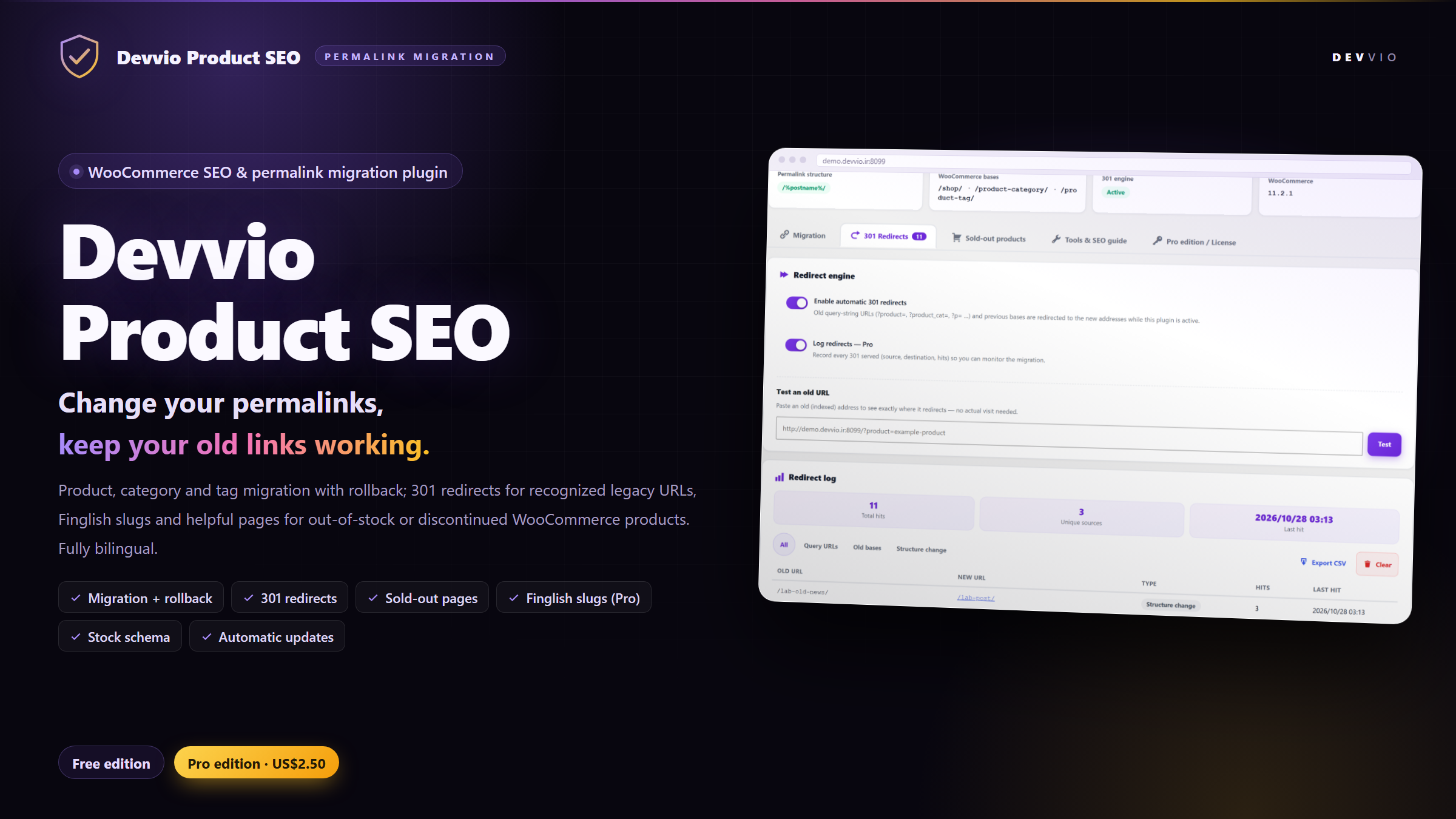 Devvio Product SEO 1.4.1 cover — WooCommerce permalink migration, 301 redirects and sold-out product pages