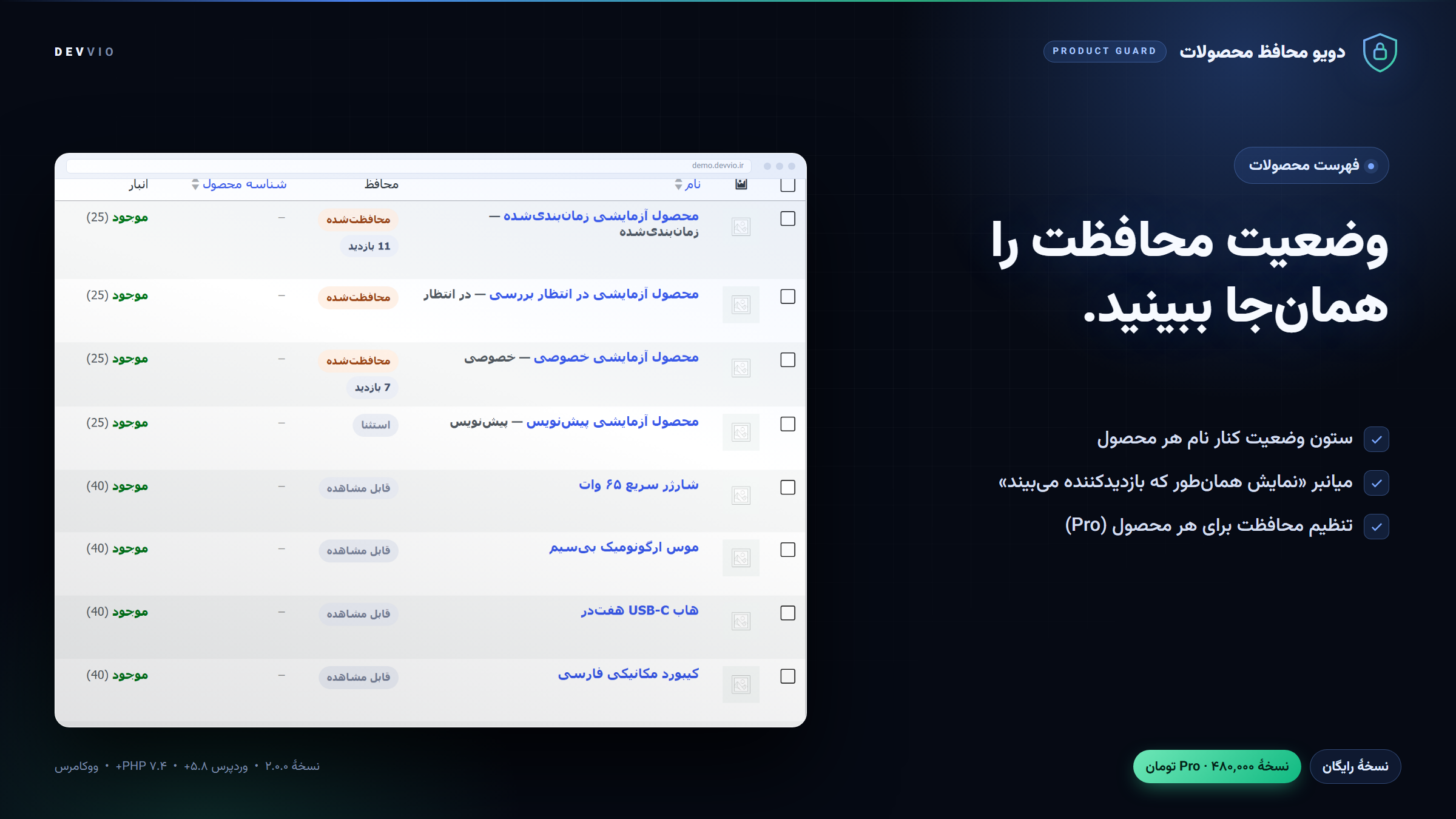 ستون محافظ در فهرست محصولات ووکامرس با نشان محافظت‌شده، استثنا و بازدید