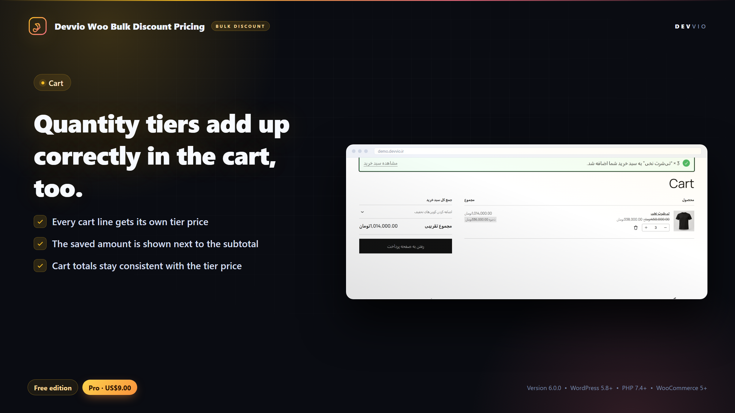 A cart with quantity-tier pricing, each line taking its own tier and the saved amount shown