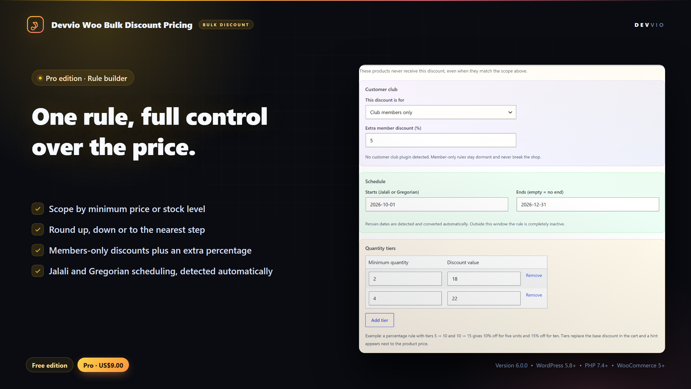 The discount rule editor: scope, price rounding, customer-club rules and Jalali/Gregorian scheduling