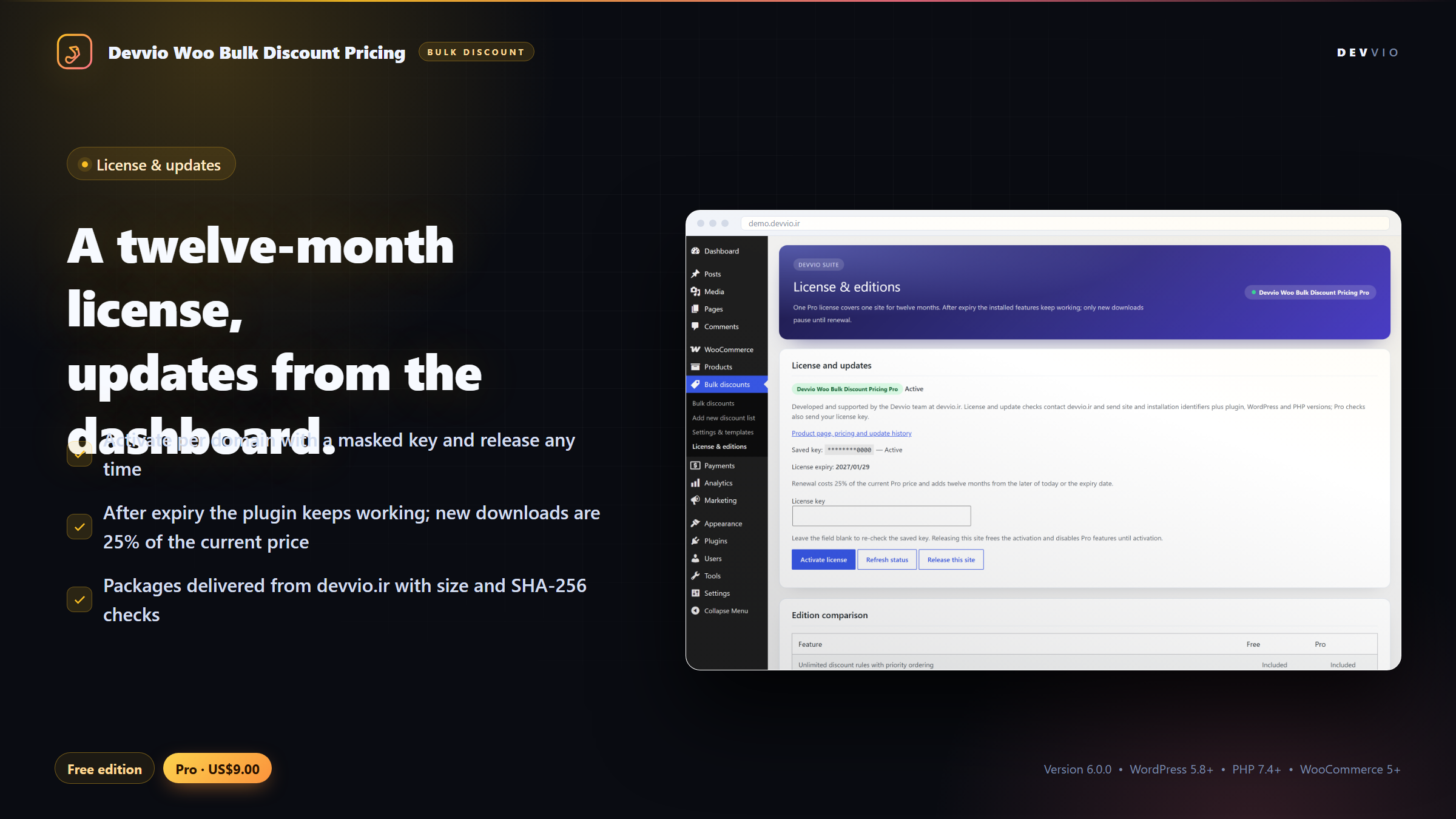 The license and editions screen with a twelve-month license and automatic updates from devvio.ir
