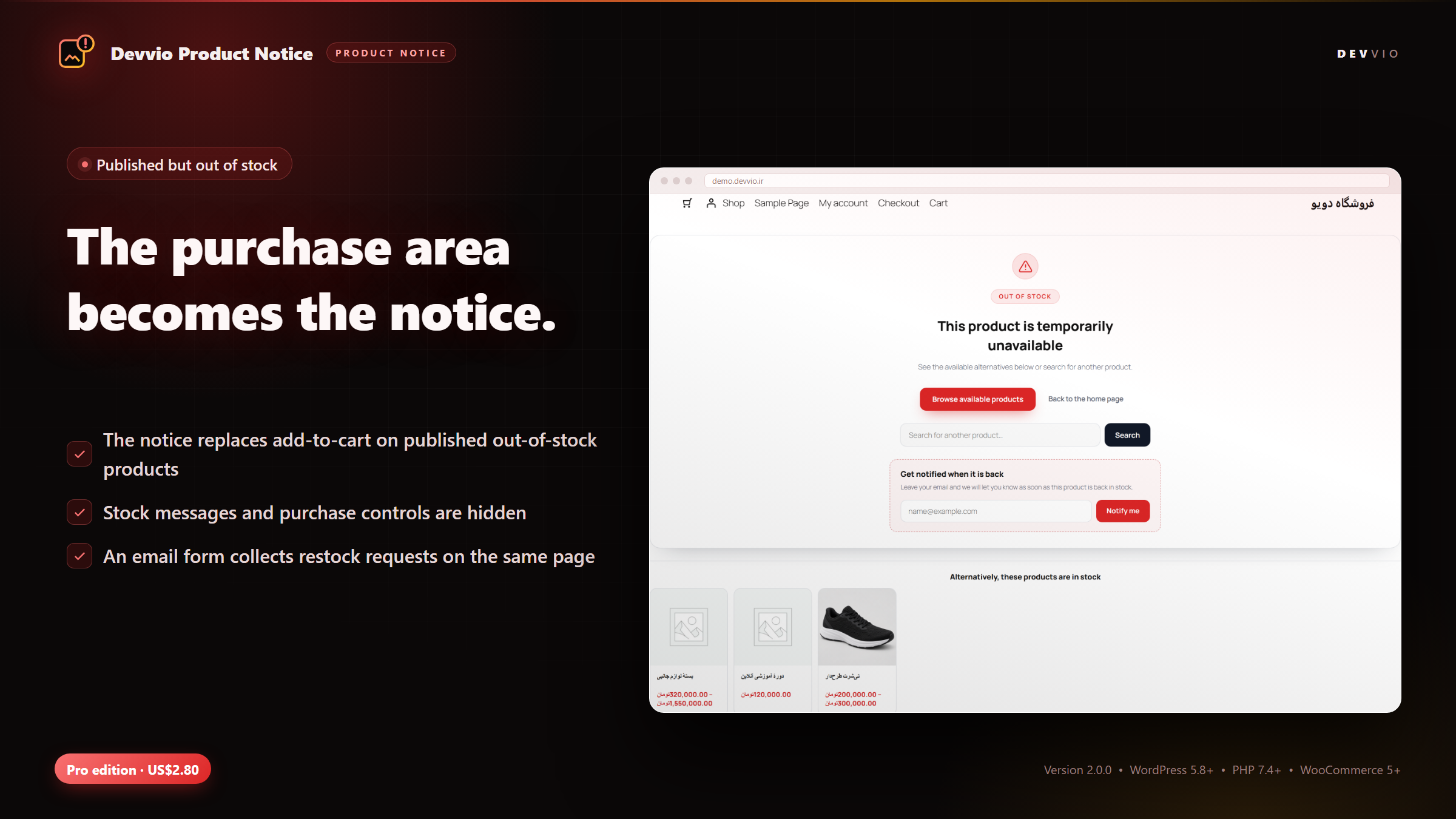 The notice on a published out-of-stock product in place of add-to-cart, with a back-in-stock form