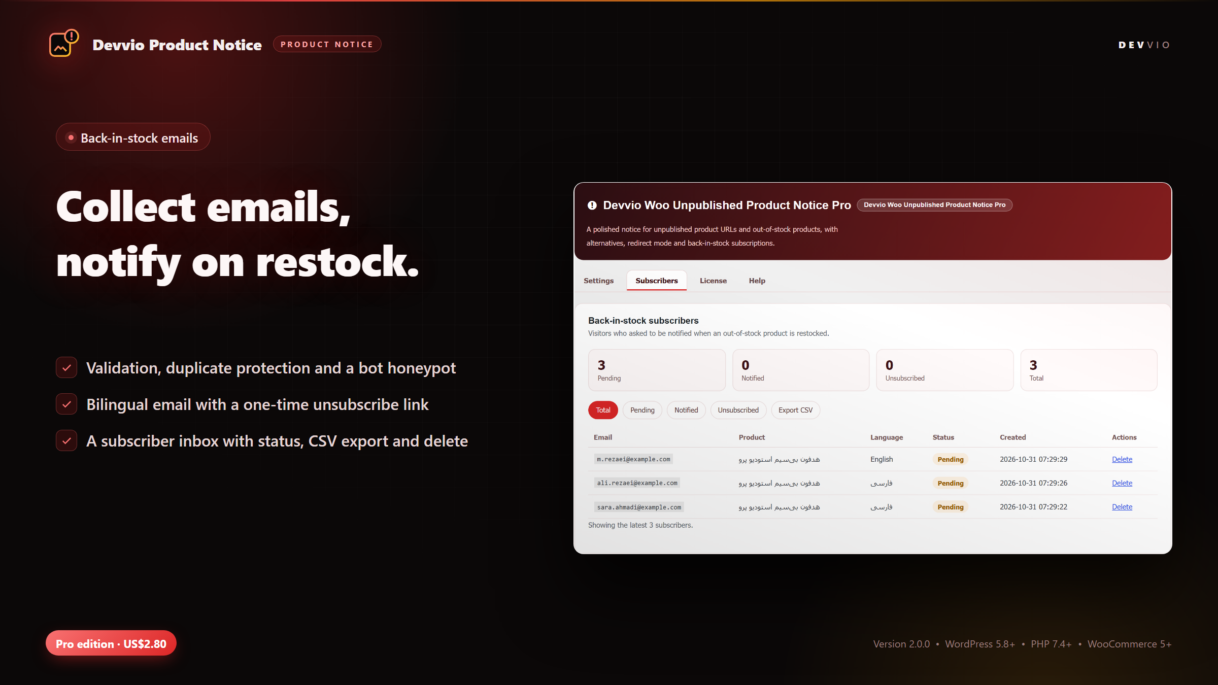 The back-in-stock subscriber inbox with statuses, CSV export and delete